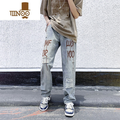 YANXU美式高街破洞印花牛仔裤男宽松直筒夏季青少年痞帅潮牌hiphop裤子