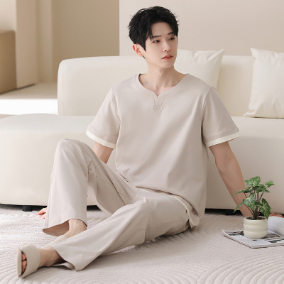 100%纯棉青少年睡衣男士夏季短袖长裤休闲可外穿全棉家居服男套装