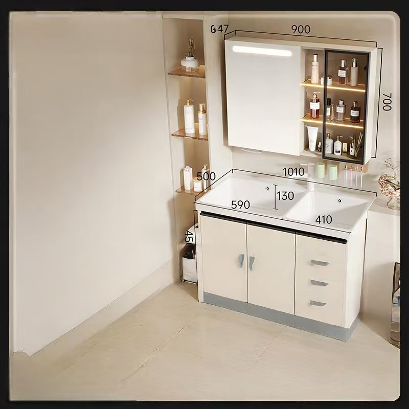 惠达(HUIDA) - J55-Pro 奶油风浴室柜组合子母双盆洗手洗漱台