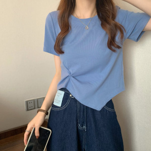 设计感不规则下摆短袖T恤女夏短款打底衫女休闲纯色上衣女装