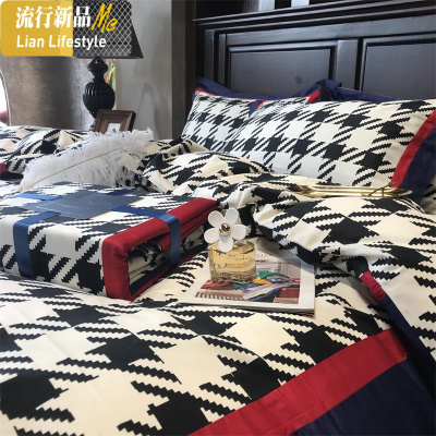 美式60支棉棉长绒棉床单床笠四件套春秋款千鸟格子床上用品 三维工匠