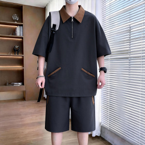 男装夏季新款假两件短袖套装男士休闲两件套痞帅潮牌搭配一套