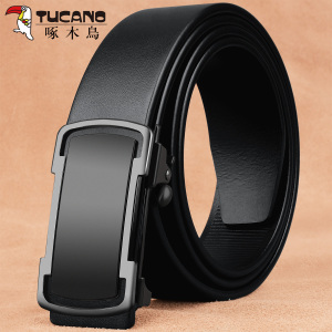 啄木鸟头层牛皮皮带男士无孔无牙自动扣真皮腰带男商务裤带 黑色