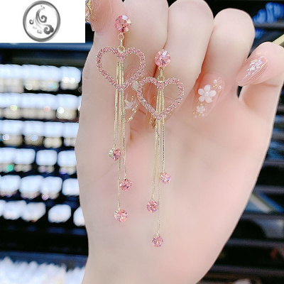 JiMi高级感时尚镶钻爱心流苏耳环耳钉气质长款心形耳坠超闪网红耳饰女