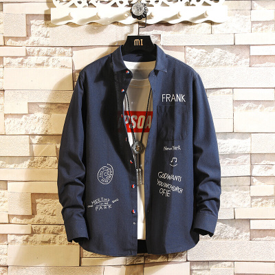 梵克公牛衬衫男长袖修身青年印花休闲男士免烫衬衣春夏季学生外套帅气上衣服