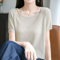 夏新款时尚钉珠镂空冰丝针织衫短袖女宽松遮肚子显瘦百搭气质上衣