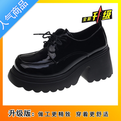 SUNTEK黑色粗高跟英伦风小皮鞋女2023新款夏季季百搭圆头厚底玛丽珍单鞋