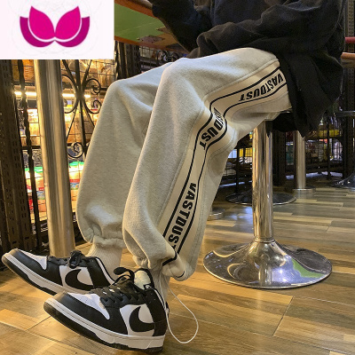 七斓裤子男春季潮牌字母印花阔腿直筒抽绳束脚卫裤潮流复古运动休闲裤