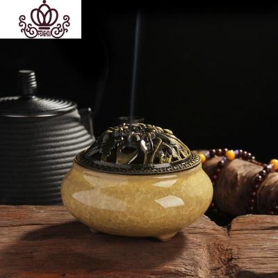 封后陶瓷盘香炉居室香薰炉卧室仿古塔香炉熏香炉沉香炉檀香炉冰裂仿古盘香炉（浅黄）