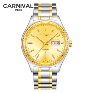 瑞士品牌嘉年华Carnival时尚金色男士手表全金自动机械表 男表双日历进口Miyota机芯腕表防水镶水钻夜光8889G