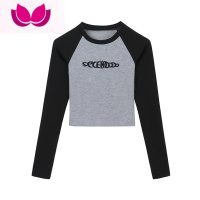 七斓复古长袖字母印花T恤女春装新款美式紧身短款甜辣显瘦打底衫上衣