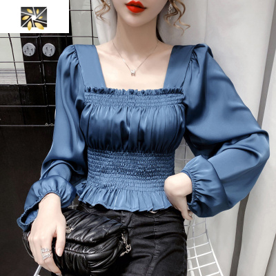 暖青汇秋装2021年新款雪纺衫女长袖小衫收腰方领醋酸缎面泡泡袖短款上衣蕾丝衫