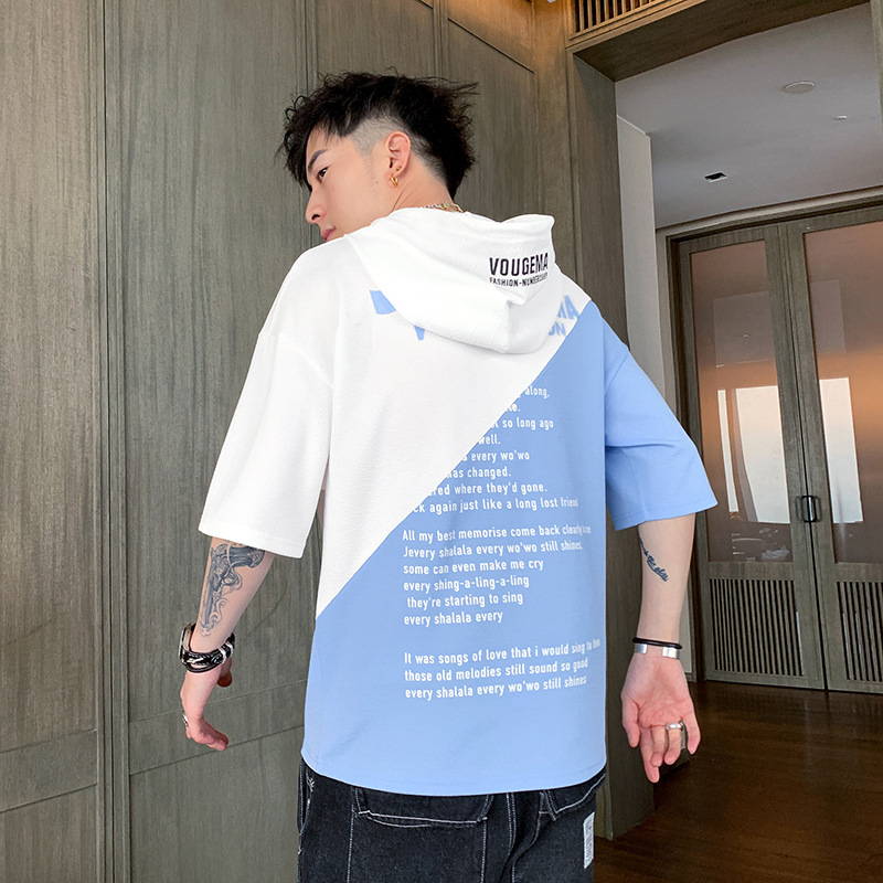 夏季新款男士短袖T恤韩版潮流百搭时尚拼接连帽半袖上衣