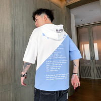夏季新款男士短袖T恤韩版潮流百搭时尚拼接连帽半袖上衣
