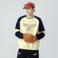 男装休闲男士圆领卫衣春秋季新款拼接字母印花宽松落肩款情侣卫衣_1