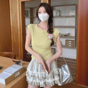 夏季新款圆领飞飞袖T恤女装设计感小众修身百搭无袖纯色上衣