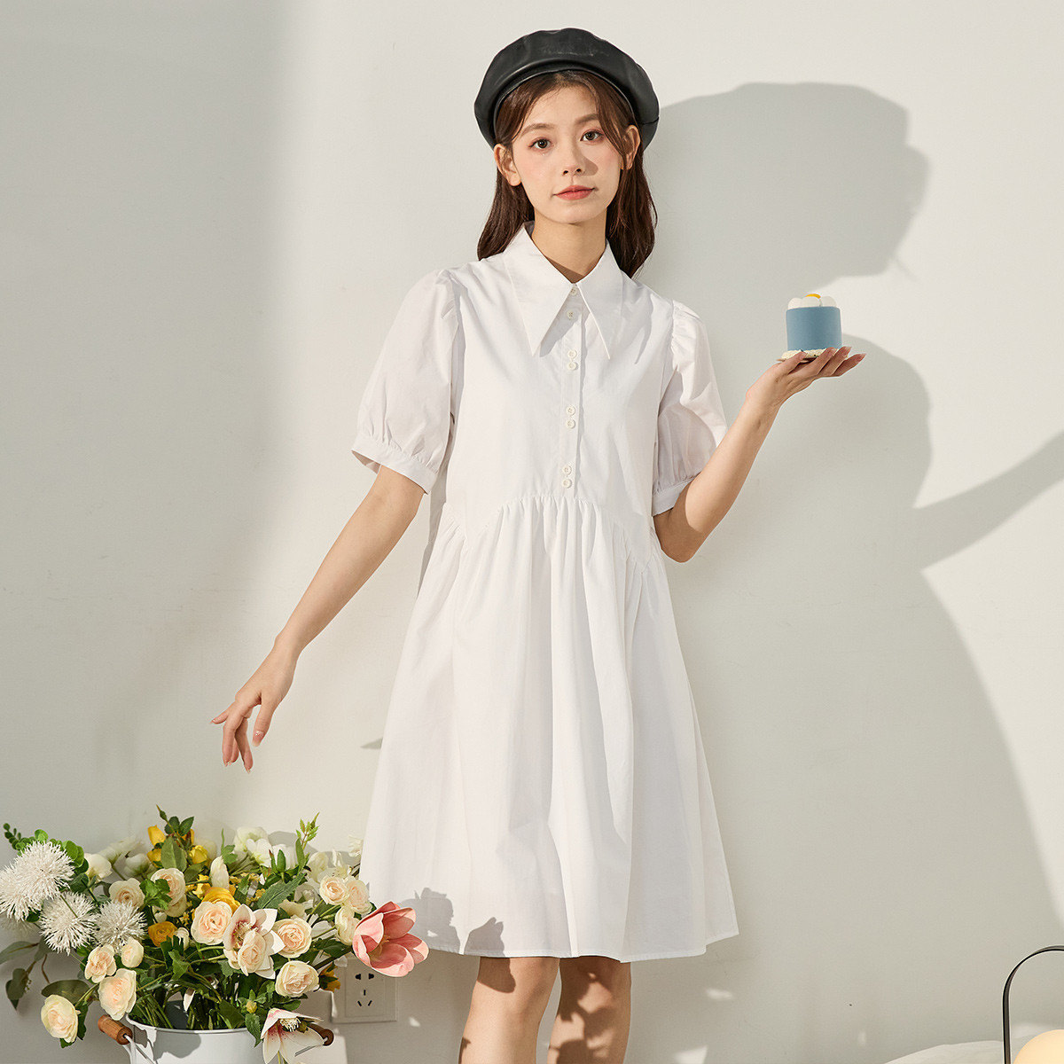 [2.5折价134元]唐狮女翻领半开门襟净色连衣裙简约气质温柔淑女甜美