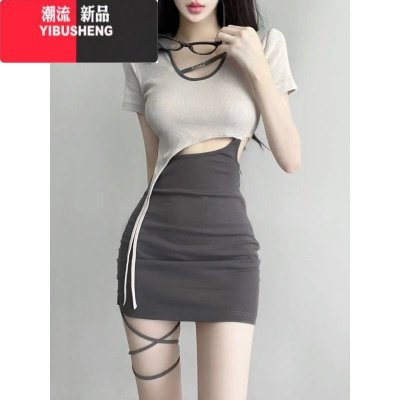 YIBUSHENG不规则拼接短袖连衣裙女季韩版2023新款辣妹抽绳修身显瘦包臀裙