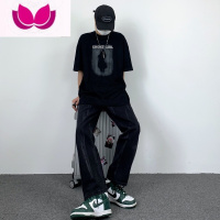 七斓妈个鸡妈 韩国ins韩版复古四季水洗扎染宽松直筒裤休闲牛仔裤男女