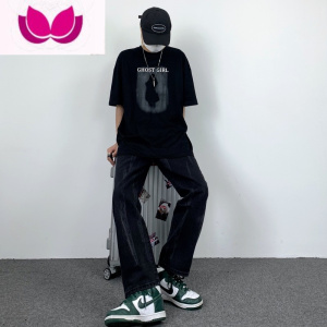 七斓妈个鸡妈 韩国ins韩版复古四季水洗扎染宽松直筒裤休闲牛仔裤男女