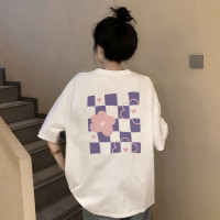 [2.5折价46元]唐狮夏季短袖T恤女圆领背后棋盘格小花印花学院风ins