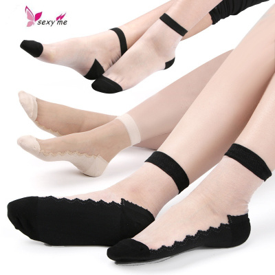 水晶丝袜子女超薄透明蕾丝玻璃日系韩国学院风中筒棉底丝袜女短FISHBASKET丝袜