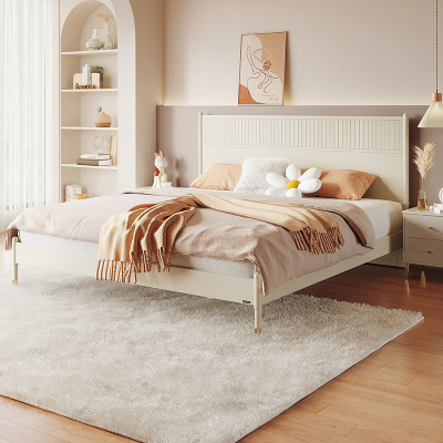 全友家居床轻奢奶油风双人床加高床屏排骨架实木床脚卧室家具