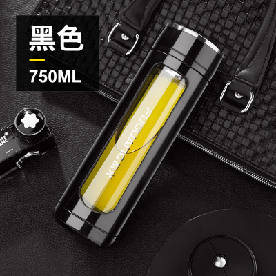 富光(FGA)玻璃杯双层男女便携大容量茶水分离水杯家用过滤泡茶杯子经典款黑色750ml