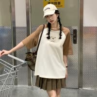 [2.5折价46元]唐狮女圆领插肩袖前胸小熊图案短袖T恤百搭减龄气质韩版潮流