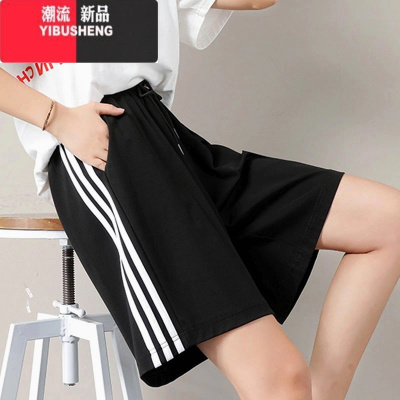 YIBUSHENG条纹短裤女2024新款宽松高腰跑步阔腿裤学生休闲百搭五分裤运动