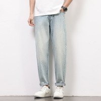 复古做旧浅蓝牛仔裤男士中线压线裤宽松哈伦裤卷边休闲长裤男生