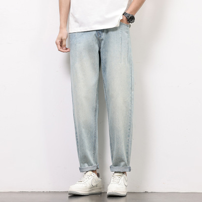 复古做旧浅蓝牛仔裤男士中线压线裤宽松哈伦裤卷边休闲长裤男生