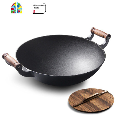 铸铁锅双耳炒锅40cm生铁锅加厚无涂层锅家用老式炒菜锅 FENGHOU 炒锅40双木圆底+组合盖
