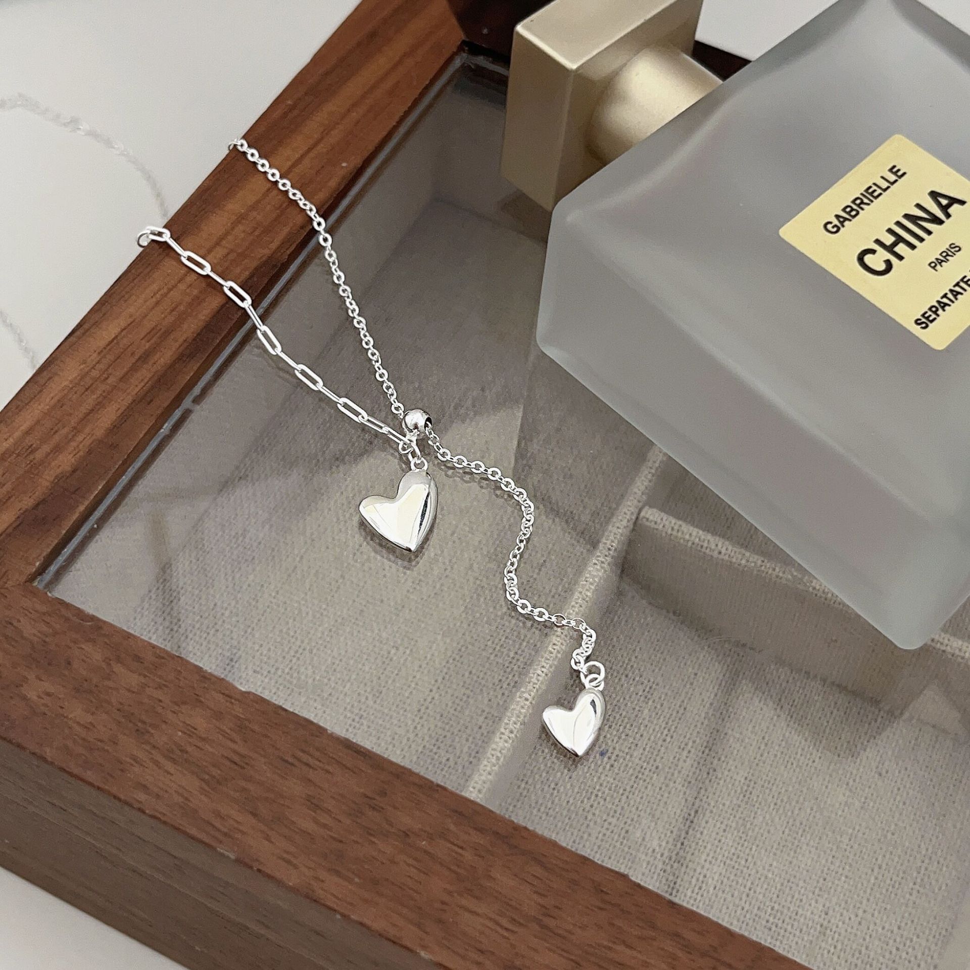 s925坠链纯银韩国ins风简约个性百搭两个爱心抽拉Y字毛衣链女项链送女朋友老婆情人节七夕生日礼物