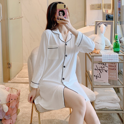 HLCOMAN春秋季睡衣女棉宽松长袖睡裙薄款夏天色简约秋冬可外穿家居服睡裙