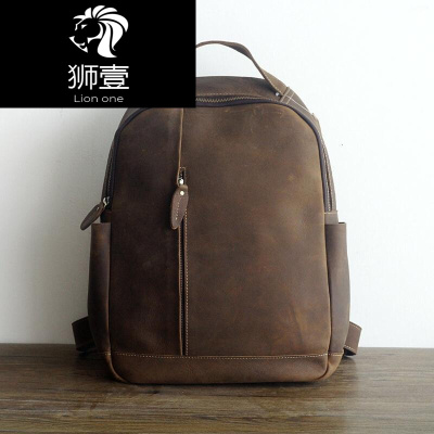 狮壹（Lionone）手工真皮双肩包复古疯马皮休闲背包头层牛皮旅行电脑包大容量男包
