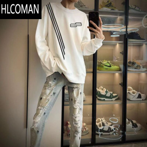 HLCOMAN快手网红加绒加厚t恤长袖潮牌新款斜肩三杠条纹卫衣男潮流痞帅男
