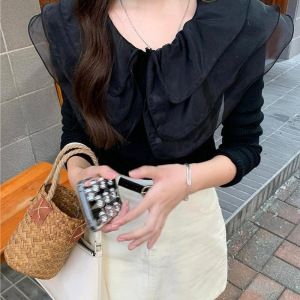 chic甜美温柔针织开衫女薄款娃娃领毛衣长袖荷叶边领拼接修身上衣