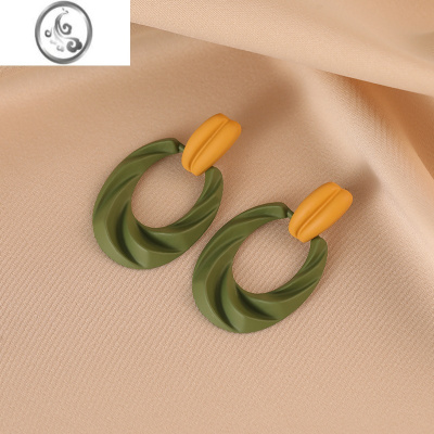 JiMi绿色复古港风耳环小众设计感高级感轻奢耳饰耳钉蚊香盘耳夹无耳洞