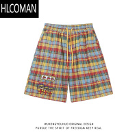 HLCOMAN多巴胺卡通刺绣彩色格子短裤男女夏季休闲百搭抽绳五分裤