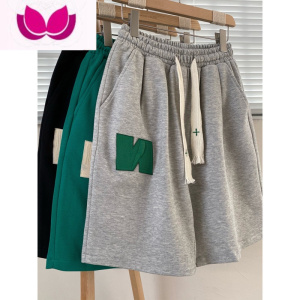 七斓美式刺绣休闲短裤男士夏季潮牌ins华夫格裤子高街宽松运动五分裤