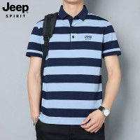 Jeep spirit男士短袖T恤夏季新款潮流上衣宽松条纹纯棉翻领polo衫