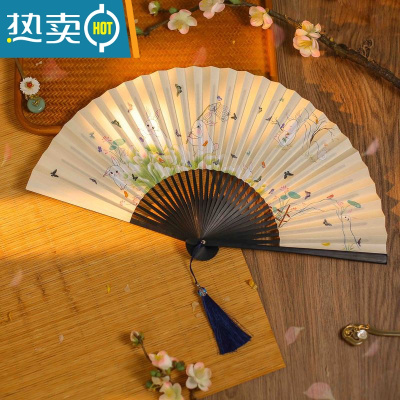 XIANCAI明制兔嬉花鸟裙折扇8寸30骨油竹古风汉服扇子双面宣纸舞蹈女 黑骨(兔嬉)