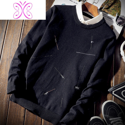 YUANSU春季新款上衣韩版潮流个性假两件衬衫领薄款打底衫毛衣男士针织衫毛衣