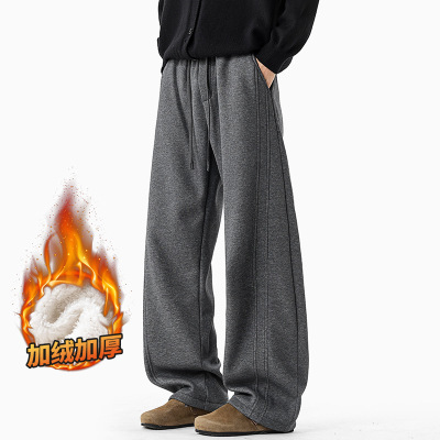 日系复古针织休闲裤男款秋冬加绒加厚保暖直筒男士运动拖地裤_442