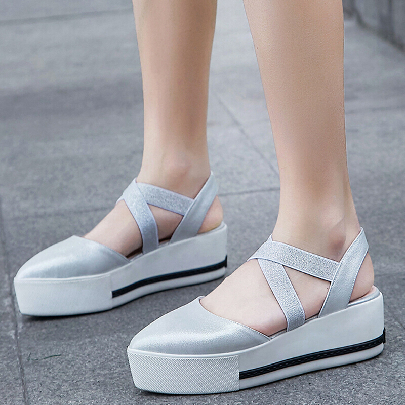 松糕跟中跟凉鞋女坡跟尖头交叉绑带厚底真皮女鞋2018夏季新款鞋时尚松紧带大码小码鞋