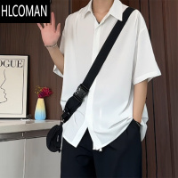 HLCOMAN黑色冰丝衬衫短袖男款夏季dk冷淡系高级感衬衣七分袖美式外套