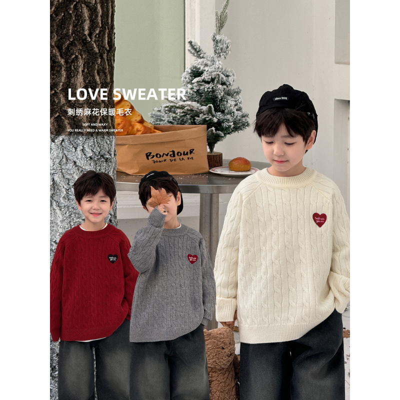 童酷儿童冬款湖州织里童装爱心字母刺绣针织衫加厚男童毛衣潮