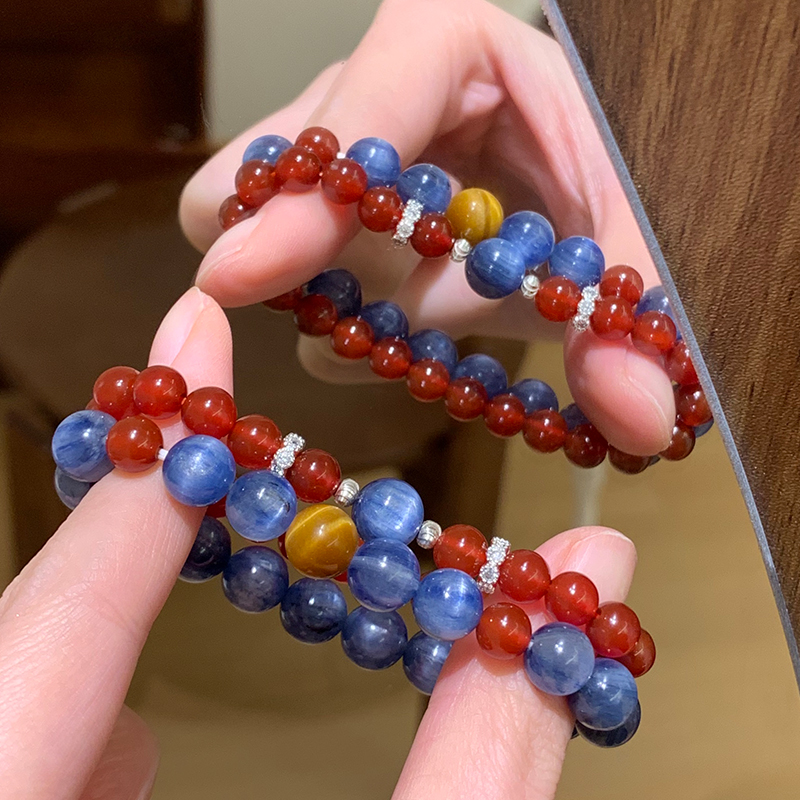 天然红玛瑙蓝晶石水晶手串女款双层叠戴纯银手链学生党高颜值