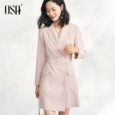 折后叠券预估价:259-OSA气质职业OL西装连衣裙女秋装2020年新款粉色长袖裙子收腰显瘦